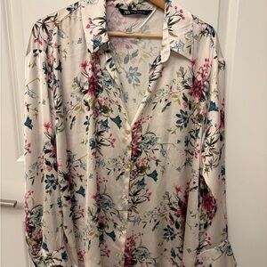Zara Multicolor Floral Satin Finish Button Down Shirt Size XXL